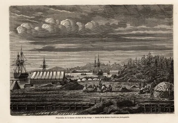 Voorbereiding van kabeljauw in de baai van Cap Rouge, het schoonmaken van de vis en het verzamelen van levers om olie te winnen, vervolgens zouten in de hut op palen, tekening door Lebreton, ter illustratie van de reis naar Newfoundland in 1860 door A. de 