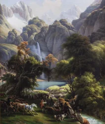 Berenjacht naar de Oo-meer waterval (olieverf op doek)