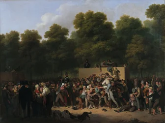 Verdeling van wijn en voedsel op de Champs-Elysées ter gelegenheid van de koning...