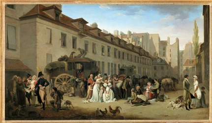 De aankomst van een koets op de binnenplaats van de Messageries, rue Notre-Dame-des-Victoires, in Parijs ...