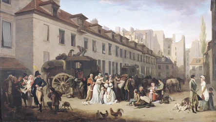 De aankomst van een postkoets bij de terminus, rue Notre-Dame-des-Victoires, Parijs