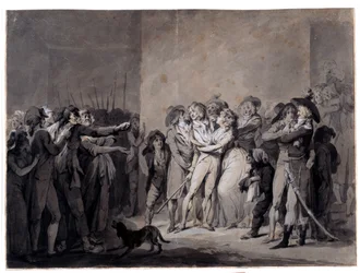 De arrestatie van Charlotte Corday (1768-1793) na de moord op Marat. Tekening. 19e eeuw. Parijs, Musée Carnavalet