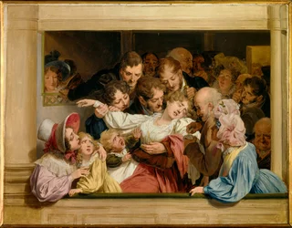 Het effect van melodrama: een jonge vrouw valt flauw in de kleedkamer van het theater. 1830. Sun. 0,32 x 0,41 m, Versailles, Musée Lambinet
