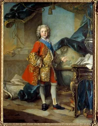 Portret ten voeten uit van de dauphin Lodewijk van Frankrijk (1729-1765), zoon van Lodewijk XV, in zijn studeerkamer