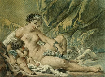Liefde overtuigt Venus om zijn wapens over te geven, naar F. Boucher; L