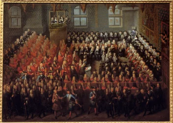 Bed van Justitie gehouden door Lodewijk XV (1710-1774) in de Grote Kamer van het Parlement van Parijs om de wil van Lodewijk XIV (1638-1715) te breken