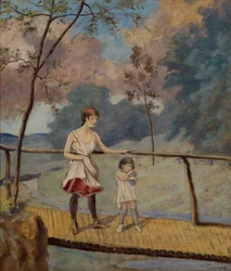Twee meisjes op een houten brug