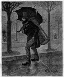Slechte oogst! Arme natte krekel! ... Trommelspeler in ellende loopt in de regen door de straten van Parijs. In 