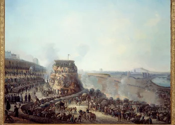 Transformaties van Parijs onder het Tweede Keizerrijk, Haussmann Parijs. Bezoek van keizer Napoleon III (1808-1873) en keizerin Eugenie (1826-1920) aan de bouwplaats van de instorting van de heuvel van Chaillot