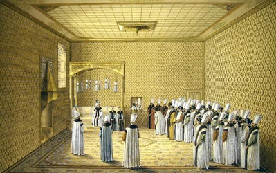 De presentatie van een Ambassadeur aan de Sultan in de Hal van Petities van het Topkapi Paleis, Constantinopel