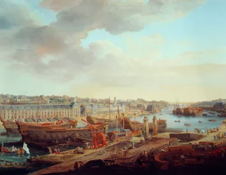 Scheepswerf: De stad Brest (detail). Schilderij door Louis Nicolas van Blarenberghe (1716-1794) 1774