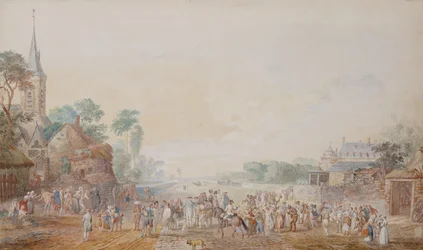 De hertog van Penthievre met Benjamin Franklin aan zijn rechterzijde bij een review van zijn vrijwilligersregiment naast zijn kasteel in Rambouillet