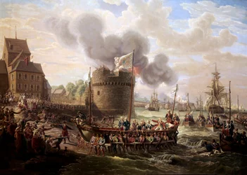 Koning Lodewijk XVI bezoekt op 23/06/1786 de werkzaamheden aan de haven van Cherbourg. Schilderij van Louis Philippe Crépin (1772-1851), 1786, Parijs, Musée du Louvre.