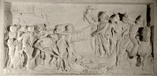 Vendee Oorlog: pacificatie van de Vendee door Generaal Lazare Hoche (1768-1797) in 1796. Laag reliëf in marmer gesneden door Simon Louis Boizot (1743-1809). 1800. Versailles, kasteelmuseum