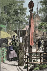 Exposition Universelle 1889 - Het Canaque-dorp op de Esplanade des Invalides (de Canaques tentoongesteld tijdens de tentoonstelling: Menselijke dierentuin) - Tekening door Louis Tinayre (1861-1942) - in 