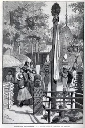 Exposition Universelle 1889 - Het Canaque-dorp op de Esplanade des Invalides (de Canaques tentoongesteld tijdens de tentoonstelling: Zoo Humane). Tekening door Louis Tinayre (1861-1942) - in 
