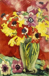 Kristallen vaas met anemonen en narcissen