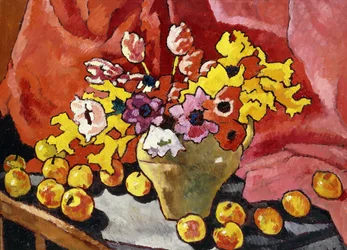 Kruik, anemonen, tulpen en appels