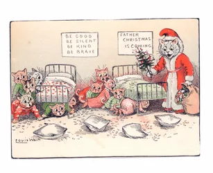 Victoriaanse wenskaart van kittens die bang zijn voor een kat verkleed als Kerstman, ca. 1880