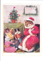 Een prent van een kattenkerstfeest door Louis Wain met een antropomorfe vader kat verkleed als de Kerstman omringd door kleine katten en een kerstboom, c.1890