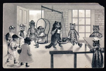 Wij genieten van het mooie weer. Dieren in menselijke houding. Kat als jockey die op een weegschaal wordt gewogen. Ansichtkaart. Chromolithografie van Louis Wain (1860-1939), Engelse kunstenaar bekend om zijn weergave van katten met grote ogen. Begin 20e