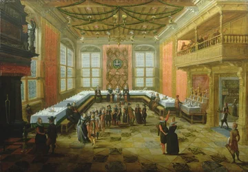 Elegante figuren die samenkomen in een banketzaal
