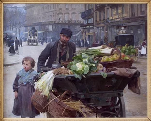 De koopman van de vier seizoenen in Parijs. Achter hem, het Hotel du Louvre (1e arrondissement)