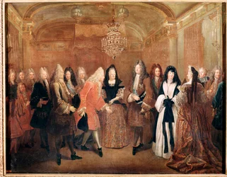 Koning van Frankrijk Lodewijk XIV ontvangt prins Frederik Augustus I in het kasteel van Fontainebleau
