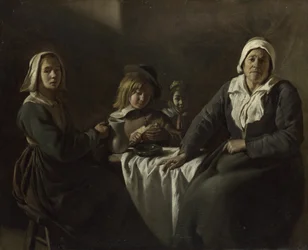 Vier figuren aan een tafel