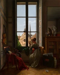 Interieur met jonge vrouw die een bloem overtrekt, ca. 1820-22 (olieverf op doek)
