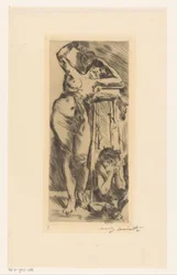 Vrouwelijk naakt met waaier in de hand en rechts van haar een ineengedoken figuur