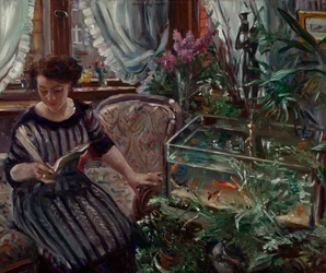 Dame bij de goudvisvijver