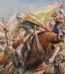 Illustratie voor verhalen over de kruistochten (kleurenlitho)