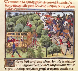 Ms 5072 f.6v Hoe de hertogin van Aigremont twee zonen baarde en ze in hetzelfde uur verloor in een bos, uit de Renaud de Montauban-cyclus