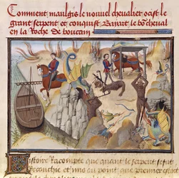 Ms 5072 fol.37v Maugis vecht tegen de slang en wint het betoverde paard, Bayard, uit de Renaud de Montauban-cyclus