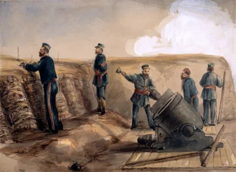 Een 13-inch mortier van de Koninklijke Artillerie in actie, 1855