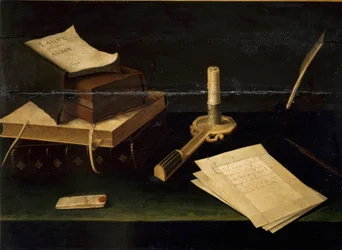 Stilleven van boeken, veer, brief en kaars