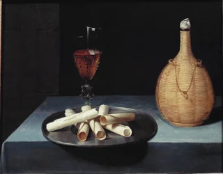 Het stilleven wafel dessert van koekjes, wijnfles en glas
