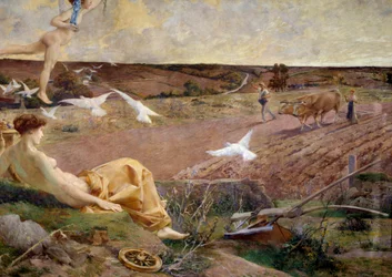 Fortuna, allegorische voorstelling van overvloed en vruchtbaarheid. Een boer ploegt zijn veld op de achtergrond. Detail. Op pleister aangebrachte schildering van Luc Olivier Merson (1846-1920), 1901. H. 2,22 x 2,9 m, Parijs, Musée d’Orsay