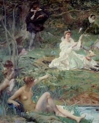 Marie F. des Ursins, hertogin van Montmorency en de dichter Theophile de Viau in Chantilly bij het Paviljoen van Sylvie (detail)