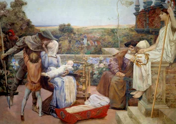 De familie. Een rijke familie in de middeleeuwen, de moeder houdt het kind in haar armen en kust haar echtgenoot. Decoratie uit het Hôtel Watel-Dehaynin in Parijs. Gemaroufleerd schilderij op gips van Luc Olivier Merson (1846-1920), 1901, 2,22 x 2,95 m