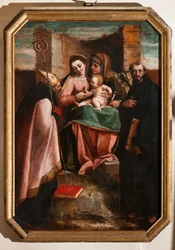 Genua, Duomo (St. Laurentiuskathedraal), binnen, Doopkapel (voorheen Kerk van St. Jan de Oude): "Madonna en Kind tussen St. Anna, St. Nicolaas van Bari en St. Nicolaas van Tolentino", door Luca Cambiaso