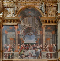 Genua, Duomo (Sint-Laurenskathedraal), binnen, de Lercari-kapel of de Kapel van het Heilig Sacrament (noordelijke apsis), noordzijde: "De presentatie in de tempel", fresco door Luca Cambiaso