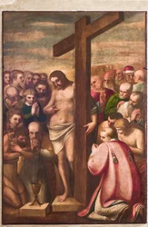 Genua, Duomo (Sint-Laurenskathedraal), sacristie, kapel: "Eucharistische Christus aanbeden door heiligen", door Luca Cambiaso, circa 1580