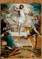 Opstanding, Jezus houdt een kruis vast met een rode kruisvlag