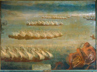 De zeeslag van Lepanto in 1571, waarbij de keizerlijke vloot onder Don Juan d