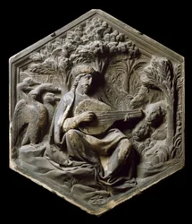 Allegorie van Muziek als Orpheus De dieren van het bos luisteren naar Orpheus die de luit speelt. Hoog reliëf door Luca della Robbia