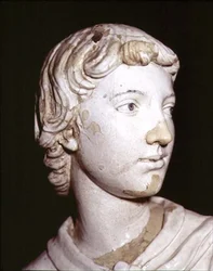 Kaarsdragende engel, detail van het hoofd (detail)