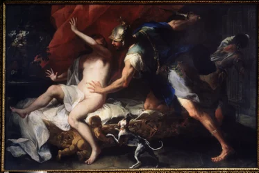 (Tarquinius en Lucretia) De verkrachting van Lucretia (Lucrezia, Lucretia, Romeinse dame), slachtoffer van het geweld van haar neef Sextus Tarquinius, zoon van Tarquinius Superbus. Schilderij van Luca Giordano (1632-1705), 17e eeuw, Staatskunstmuseum