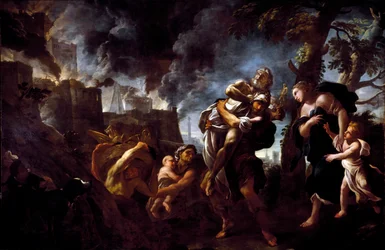 Aeneas vlucht uit Troje. Aeneas draagt Anchises en vlucht uit de stad die in handen van de Achaeërs is gevallen. 1675-1680. Genua, Galleria Nazionale di Palazzo Spinola